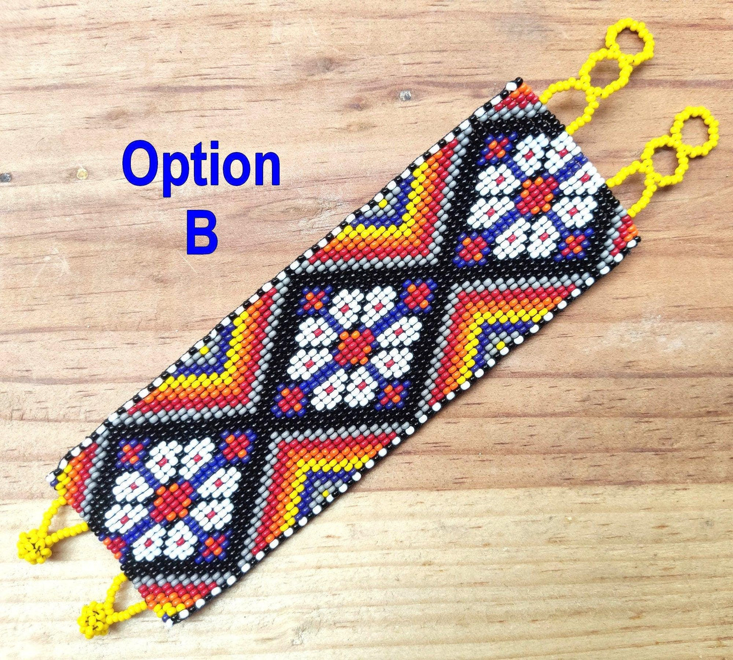 Wide Hand Beaded BRACELET -Floral and Geometric Pattern- ATITLAN