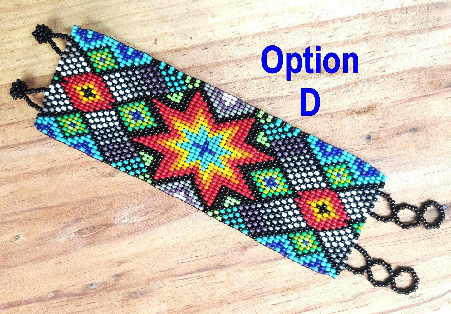 Wide Hand Beaded BRACELET -Floral and Geometric Pattern- ATITLAN