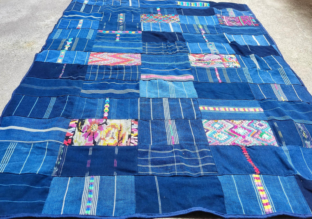 Guatemalan Indigo PATCHWORK QUILT Huipil throw -Wall hanging decor-