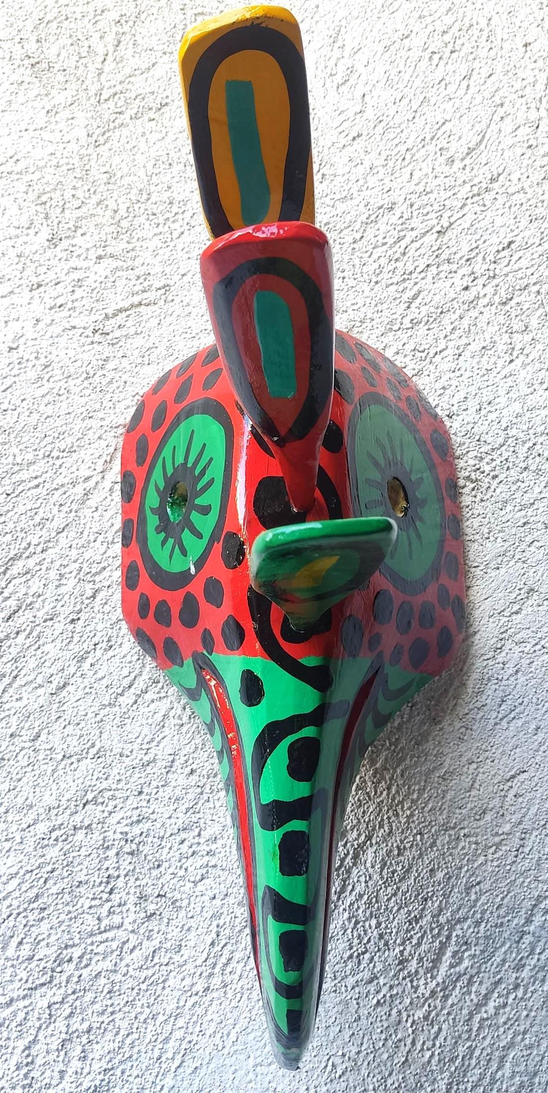 Guatemalan WOODEN HANDPAINTED MASK made in Nahuala -Mayan Paradise Bird patterned