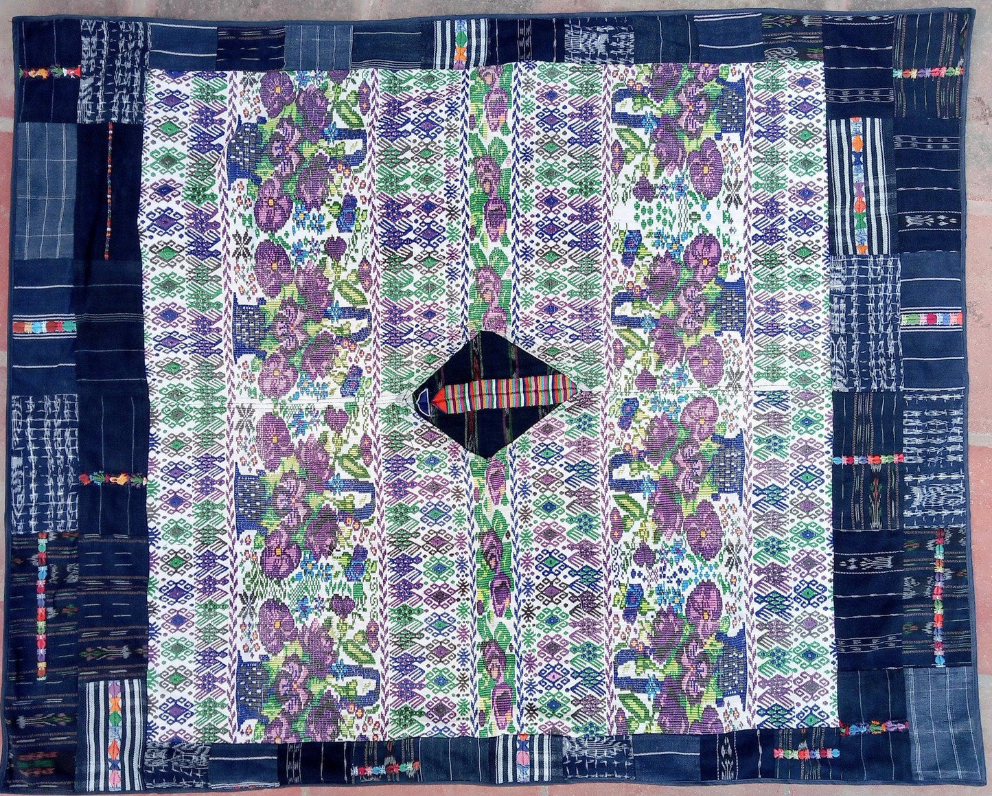 Guatemalan multicolor Patchwork Quilt -Blue birds embroidery- huipil throw