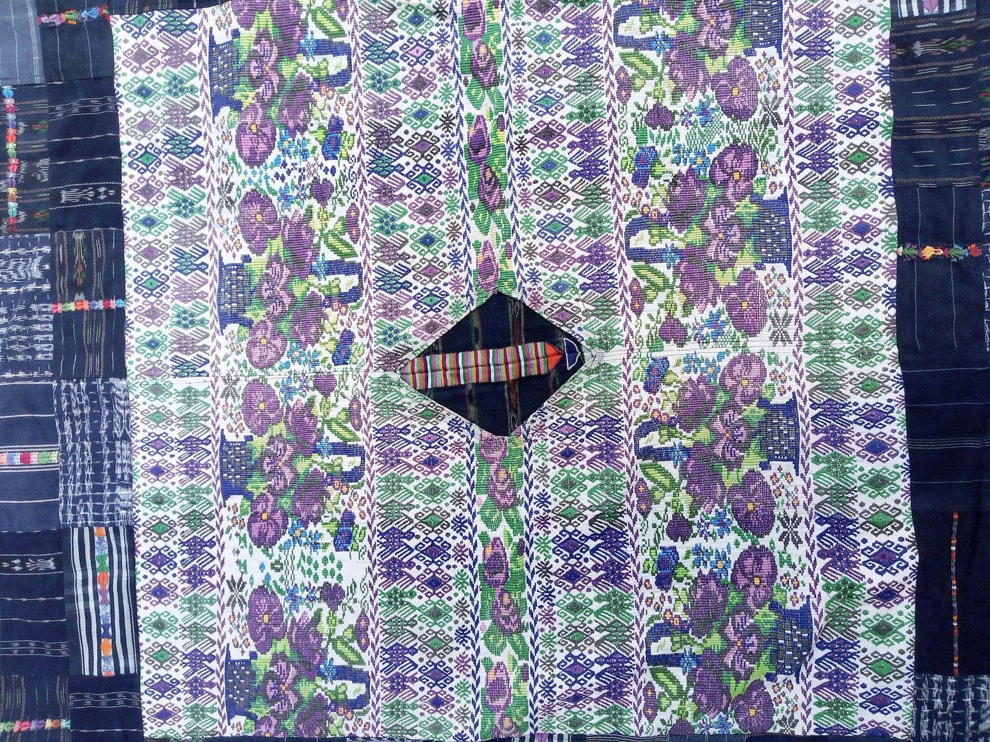 Guatemalan multicolor Patchwork Quilt -Blue birds embroidery- huipil throw