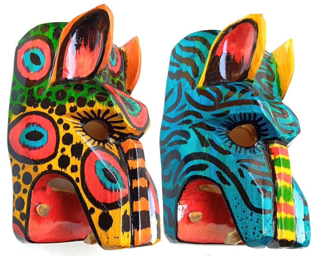 Hand-Painted Pinewood JAGUAR Carved Mask from Guatemala Made in NAHUALA