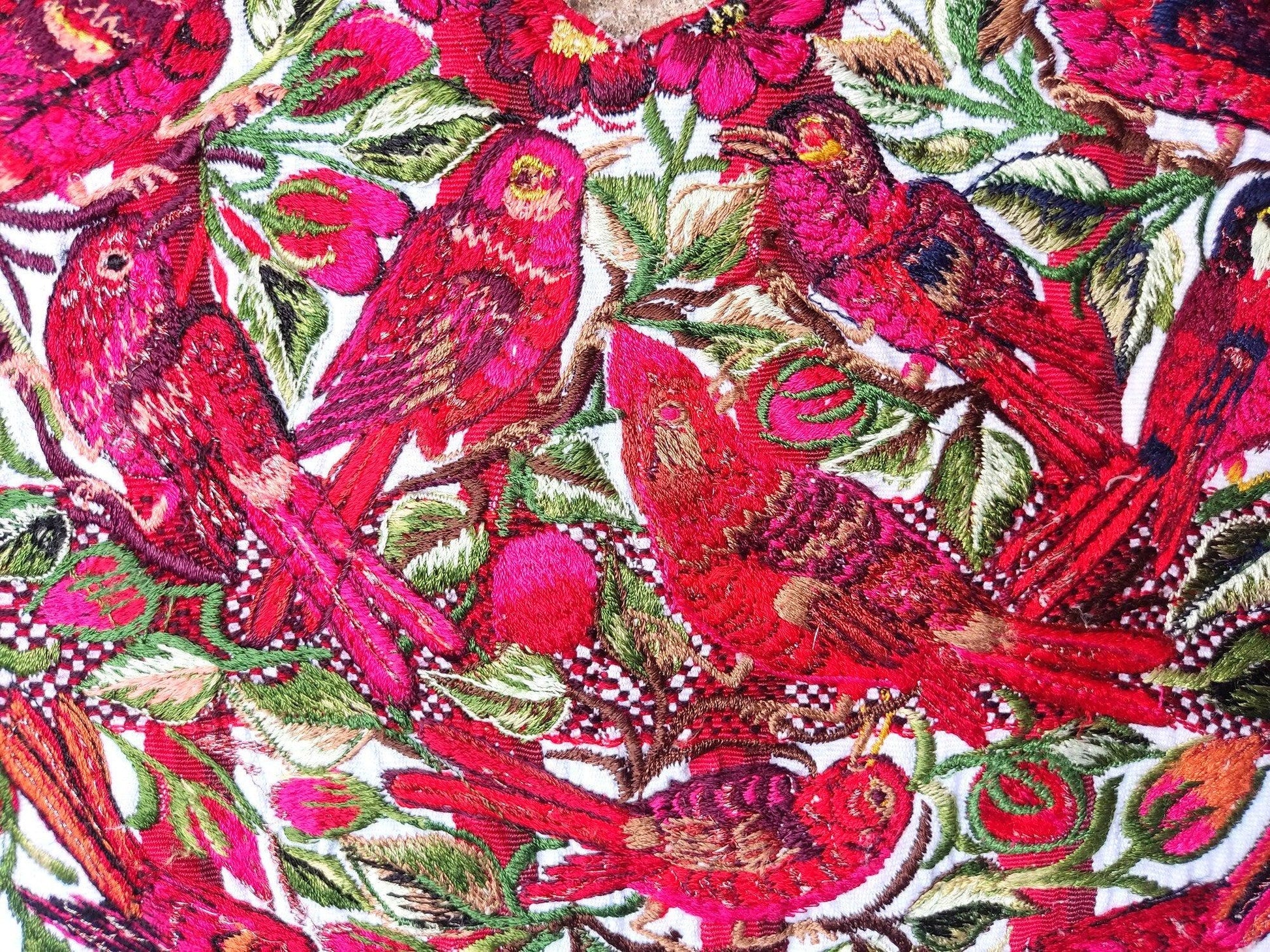 Vintage Handmade EMBROIDERED Birds SANTIAGO Atitlan Huipil Cotton Wall Decor Tapestry
