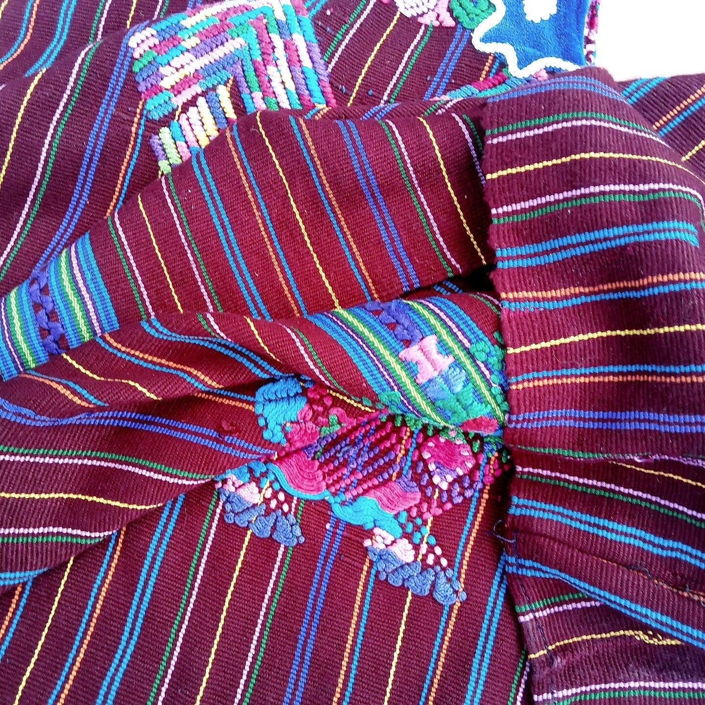 Vintage Guatemalan unique handmade weaved cotton Burgundy -Roosters and birds- huipil -Santo Domingo Xenacoj-