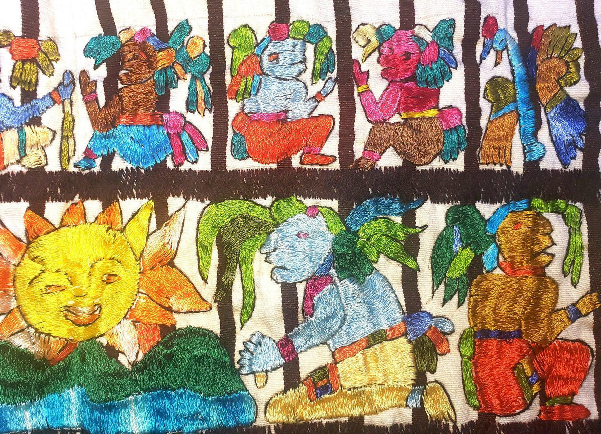 Handmade hanging embroidered Guatemalan white silk wall decor "Mayan Calendar" tapestry