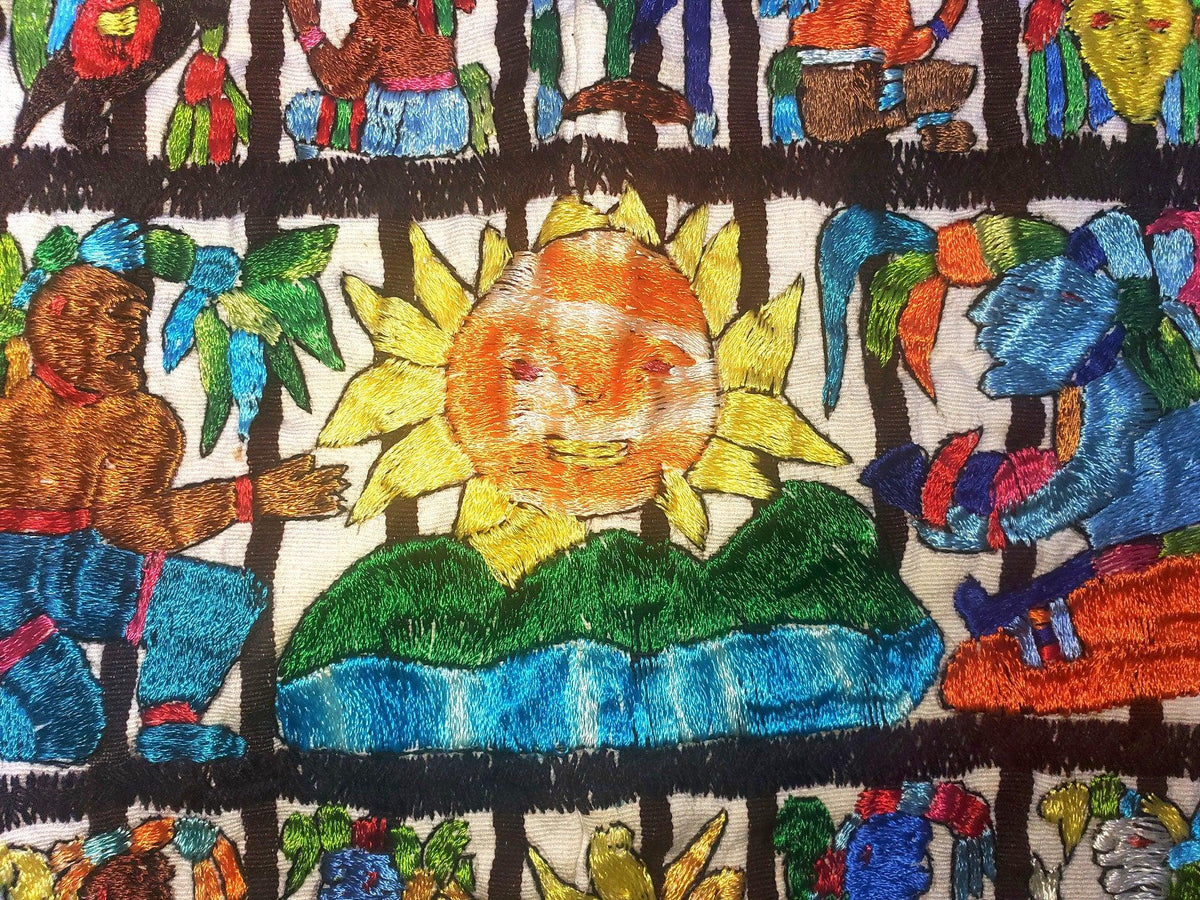 Handmade hanging embroidered Guatemalan white silk wall decor "Mayan Calendar" tapestry
