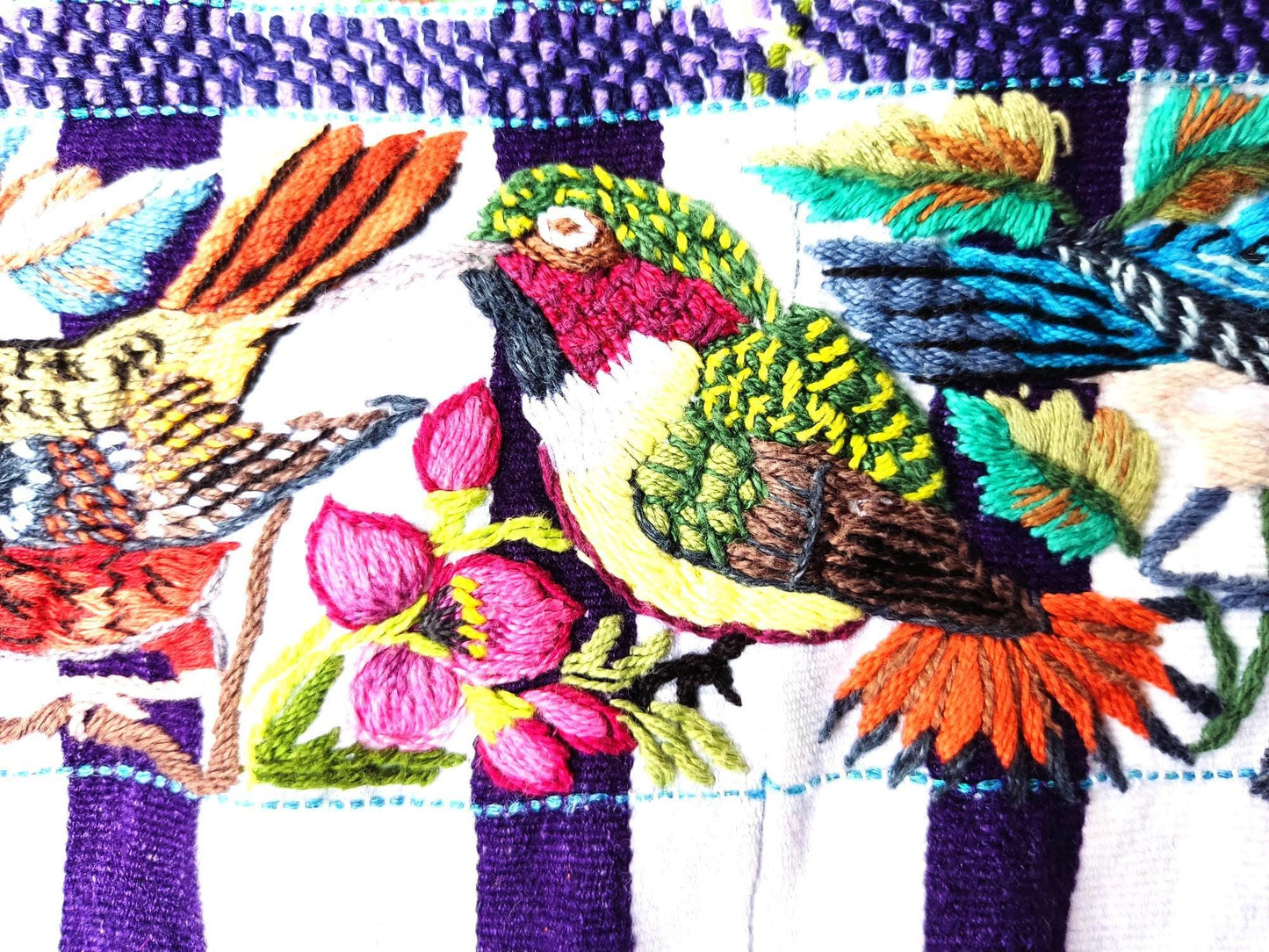 Handmade White EMBROIDERED Guatemalan Santiago Atitlan COTTON WALL "Mayan Bird Family" Tapestry