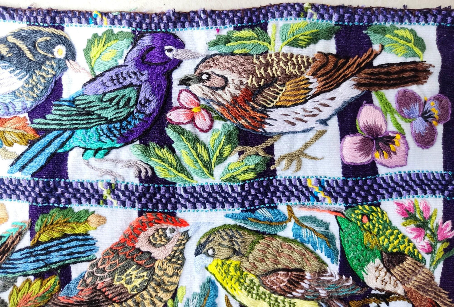 Handmade White EMBROIDERED Guatemalan Santiago Atitlan COTTON WALL "Mayan Bird Family" Tapestry