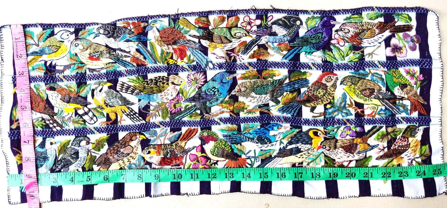 Handmade White EMBROIDERED Guatemalan Santiago Atitlan COTTON WALL "Mayan Bird Family" Tapestry