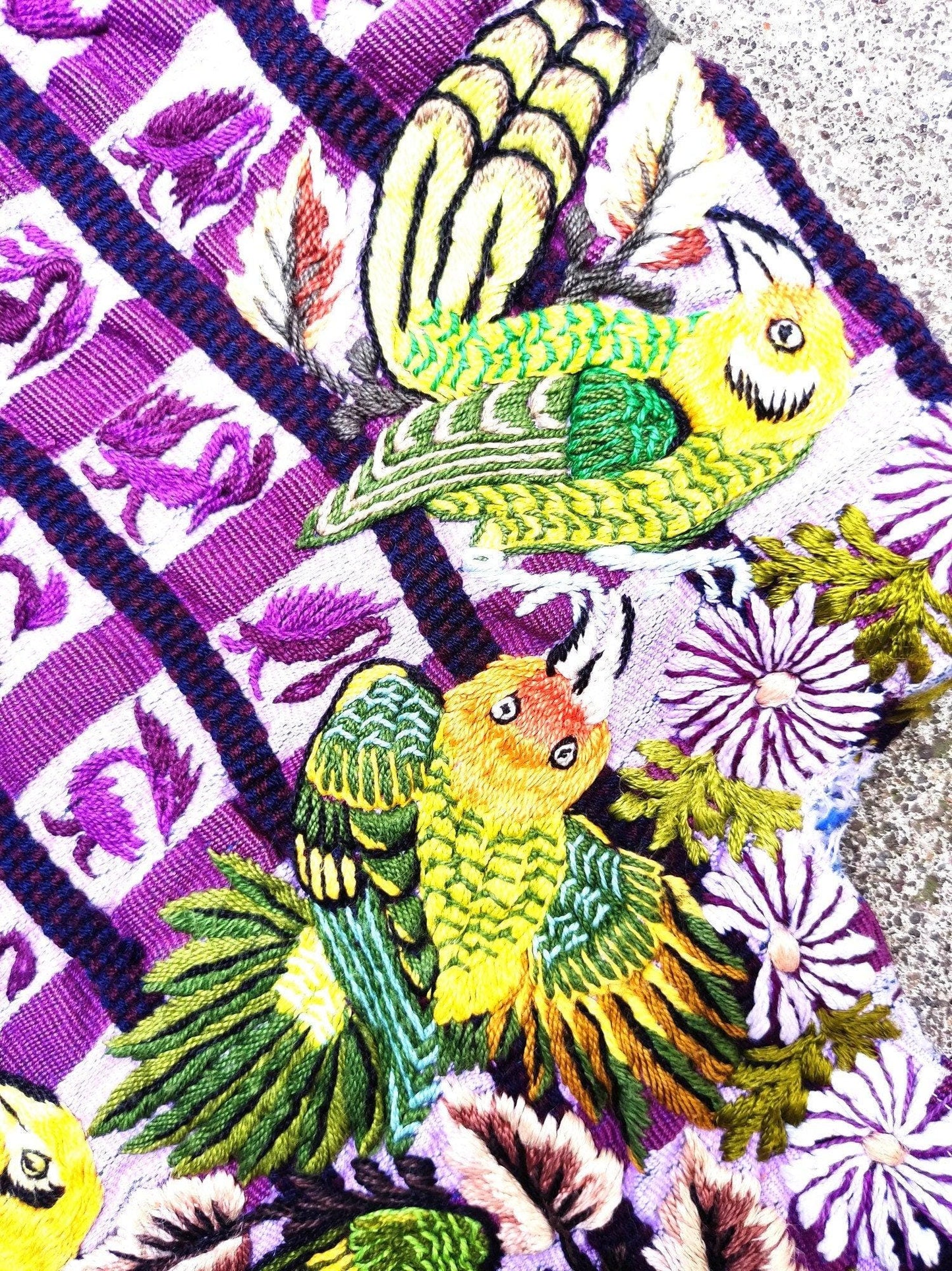 Vintage handmade embroidered Santiago ATITLAN huipil cotton wall decor tapestry -PARROT family-