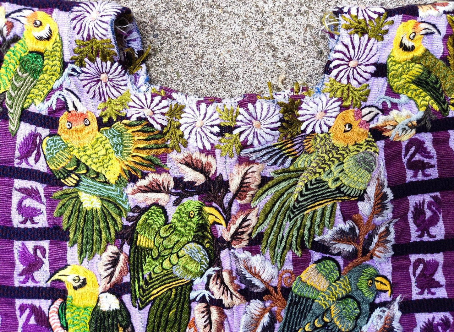 Vintage handmade embroidered Santiago ATITLAN huipil cotton wall decor tapestry -PARROT family-