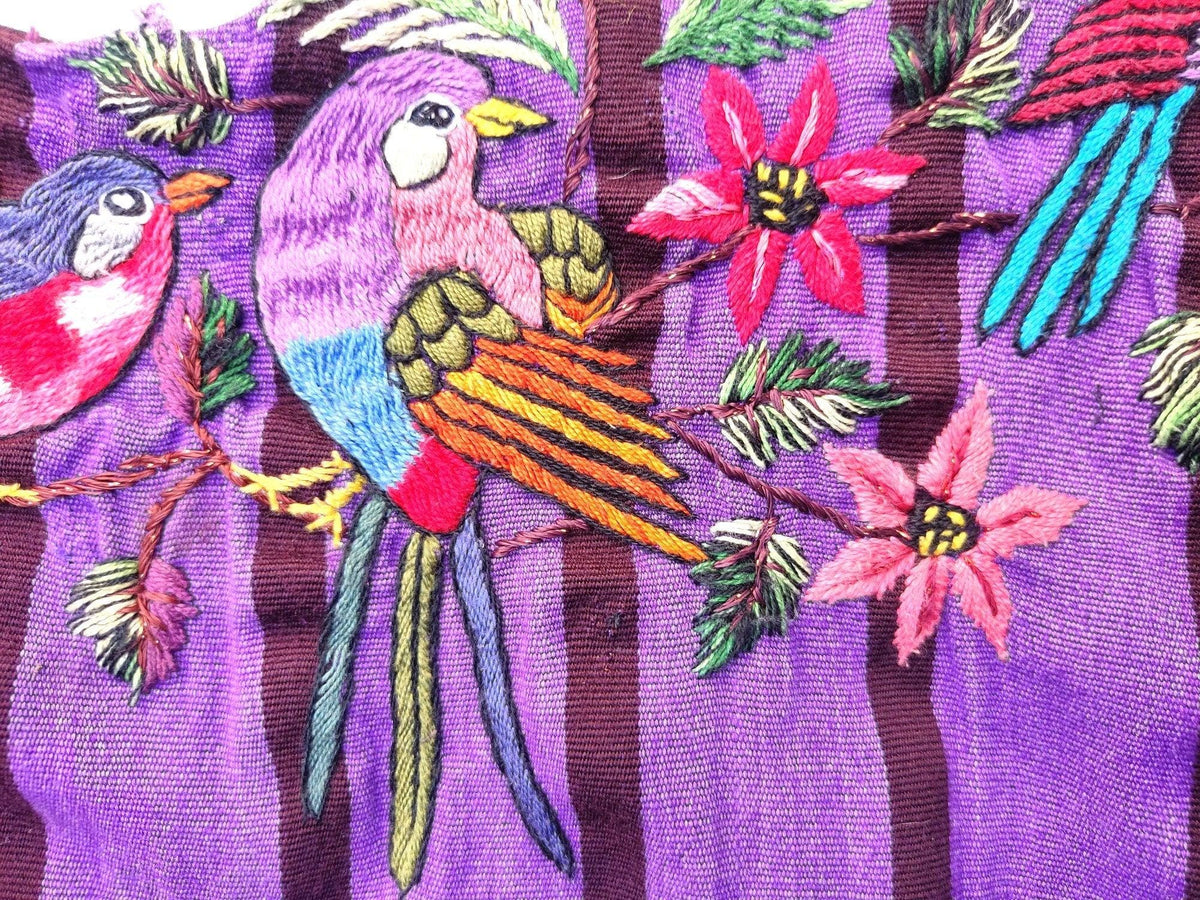 PETIT Vintage handmade embroidered Santiago Atitlan huipil cotton wall decor tapestry -Bird party-