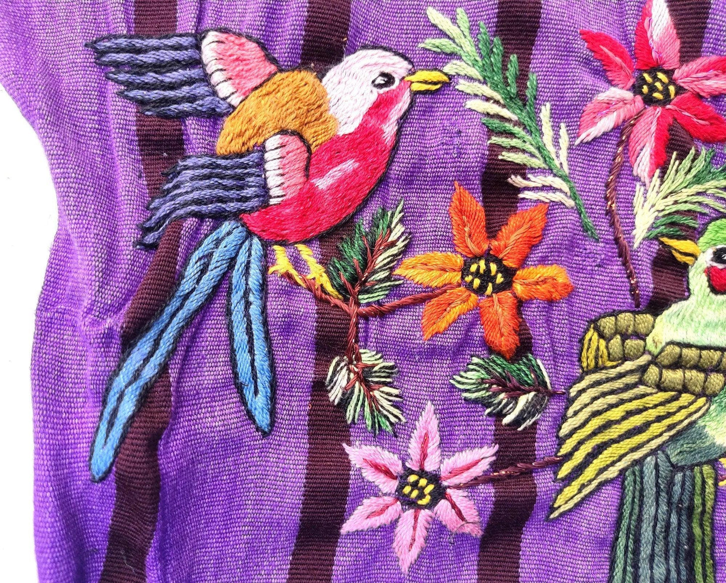 PETIT Vintage handmade embroidered Santiago Atitlan huipil cotton wall decor tapestry -Bird party-