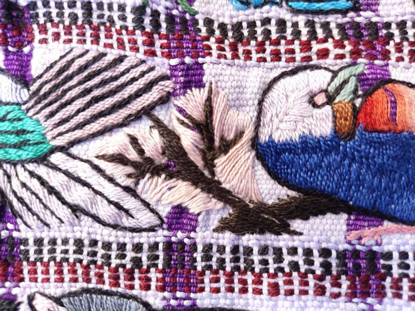 Vintage handmade embroidered Santiago Atitlan huipil cotton wall decor tapestry -Parrot family-
