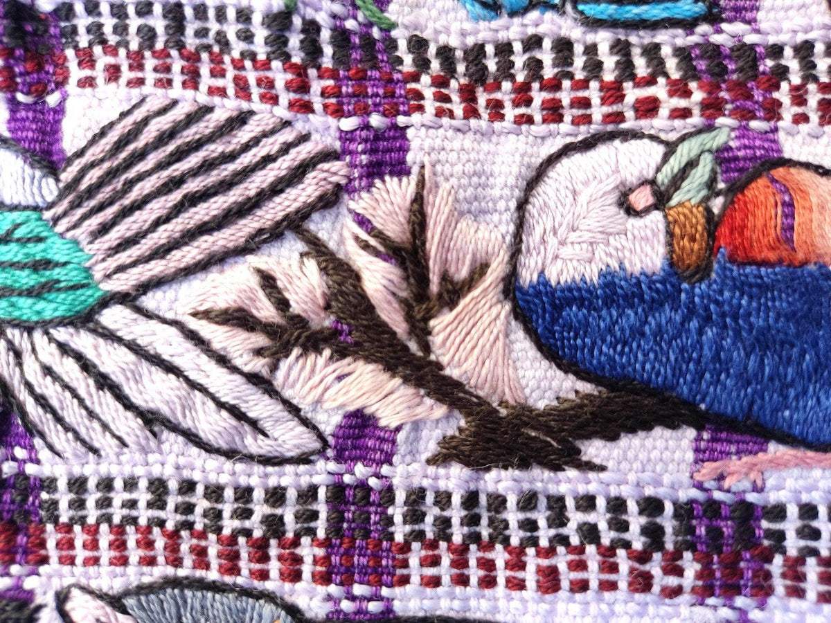 Vintage handmade embroidered Santiago Atitlan huipil cotton wall decor tapestry -Parrot family-