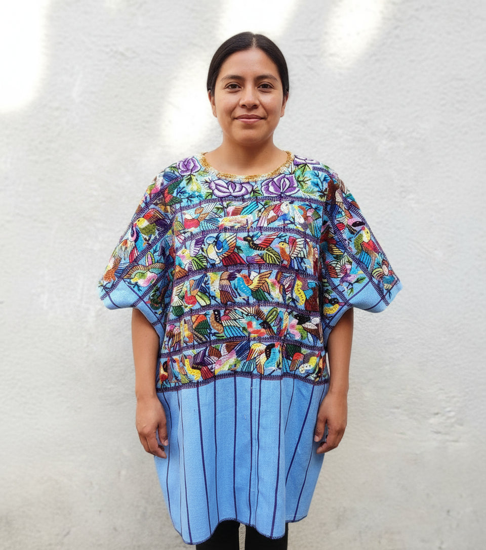 Vintage handmade embroidered Santiago Atitlan huipil cotton wall decor tapestry -Parrot family-
