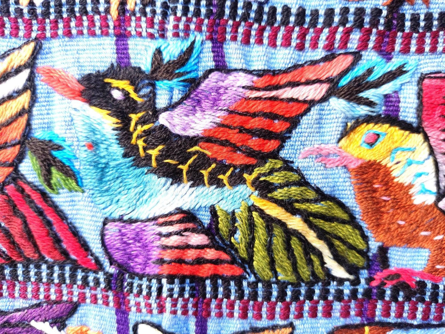 Vintage handmade embroidered Santiago Atitlan huipil cotton wall decor tapestry -Parrot family-