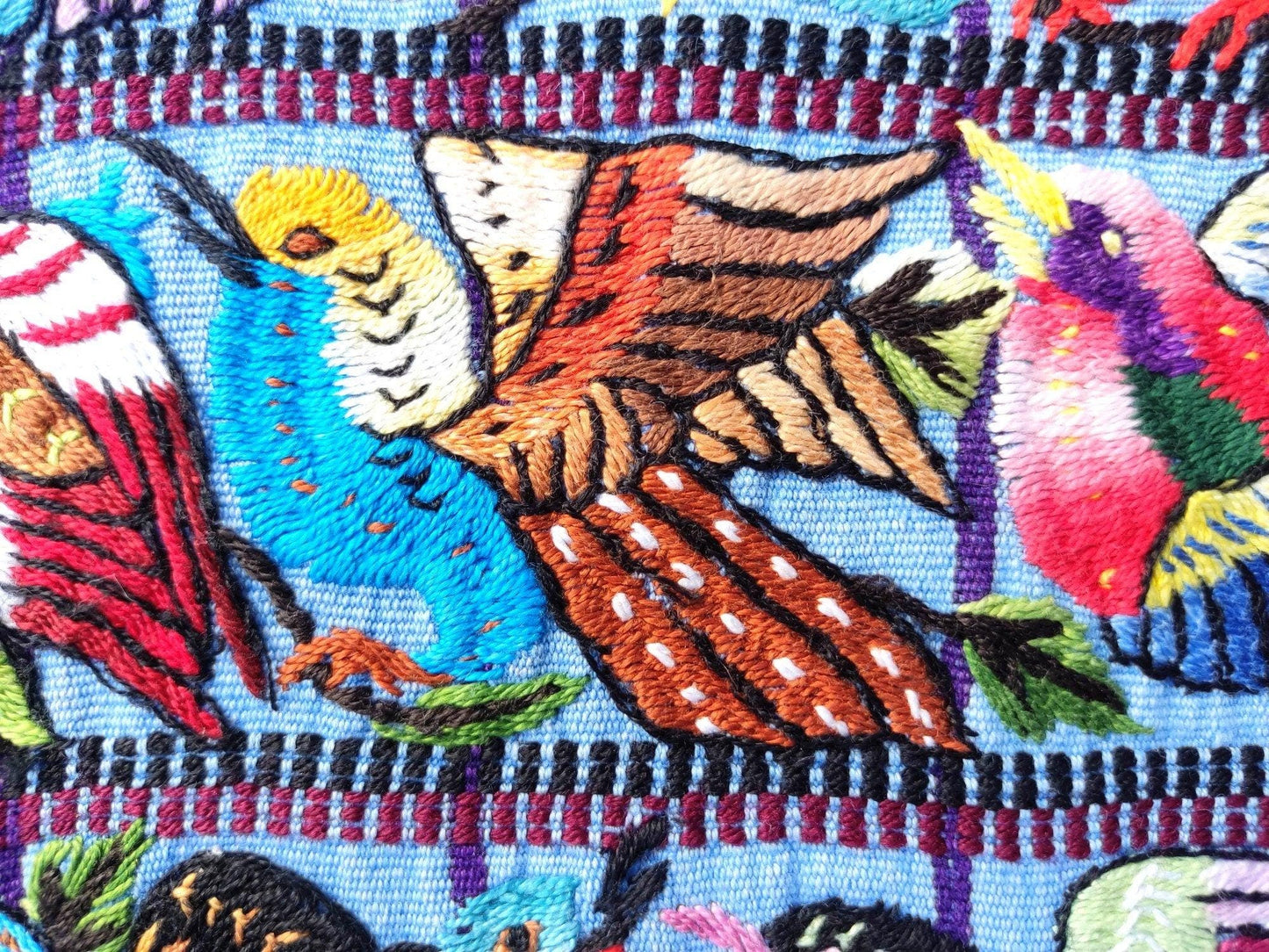 Vintage handmade embroidered Santiago Atitlan huipil cotton wall decor tapestry -Parrot family-