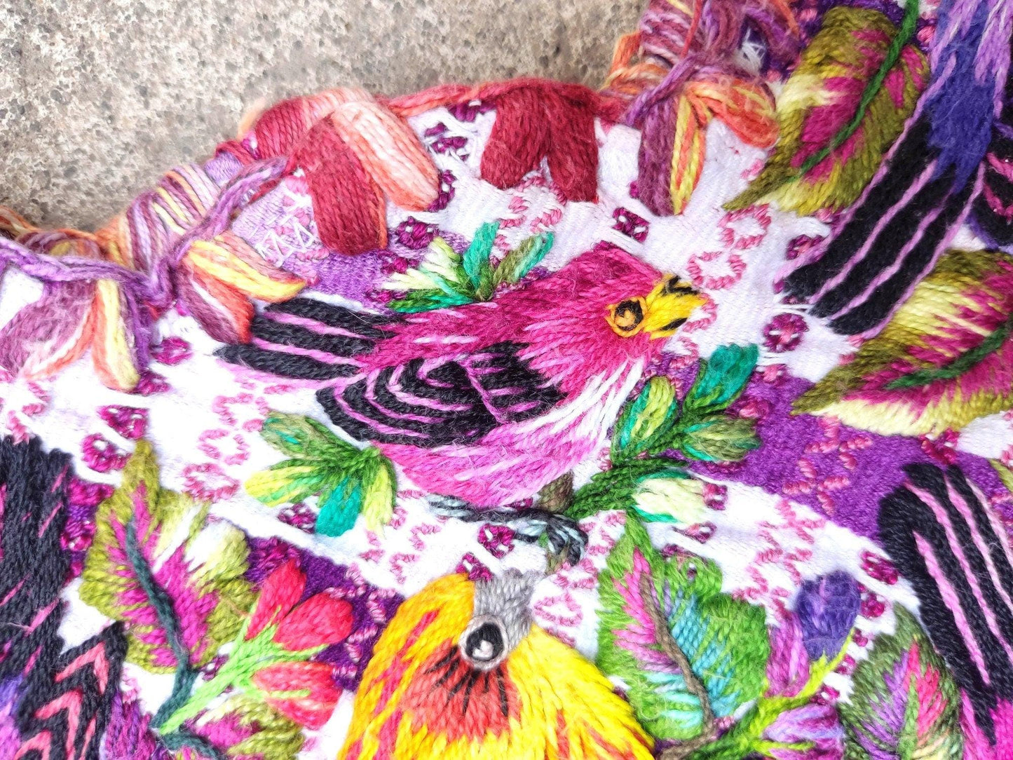 Vintage handmade embroidered birds Santiago Atitlan huipil cotton wall decor tapestry 209