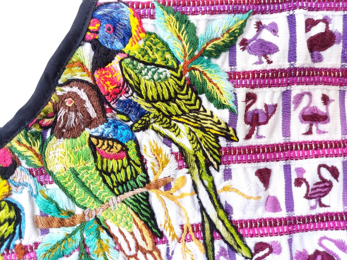 Vintage handmade embroidered Santiago Atitlan huipil cotton wall decor tapestry -Parrot family-