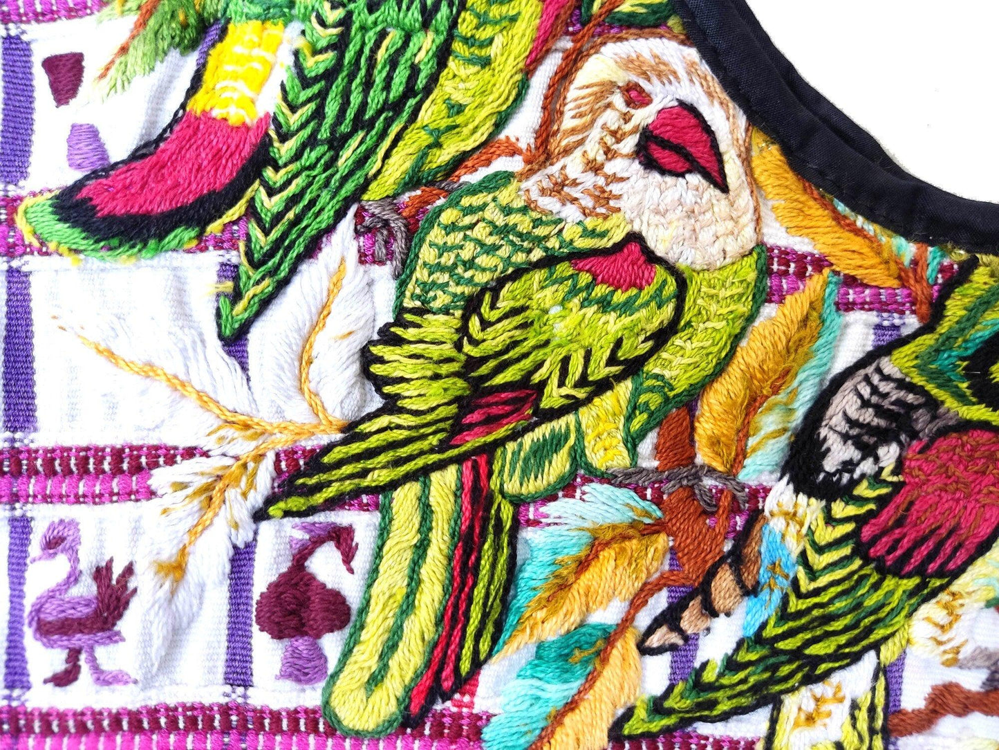 Vintage handmade embroidered Santiago Atitlan huipil cotton wall decor tapestry -Parrot family-