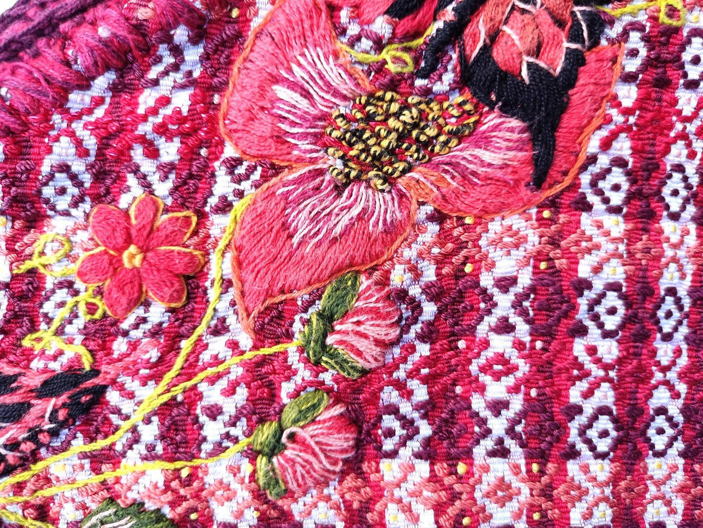 Vintage handmade embroidered birds Santiago Atitlan huipil cotton wall decor tapestry