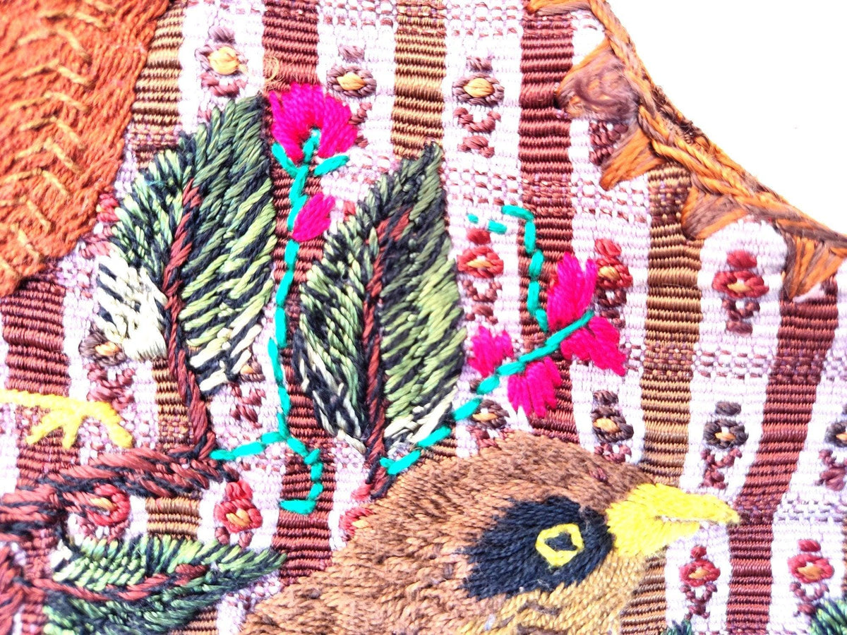 Vintage handmade embroidered birds Santiago Atitlan huipil cotton wall decor tapestry