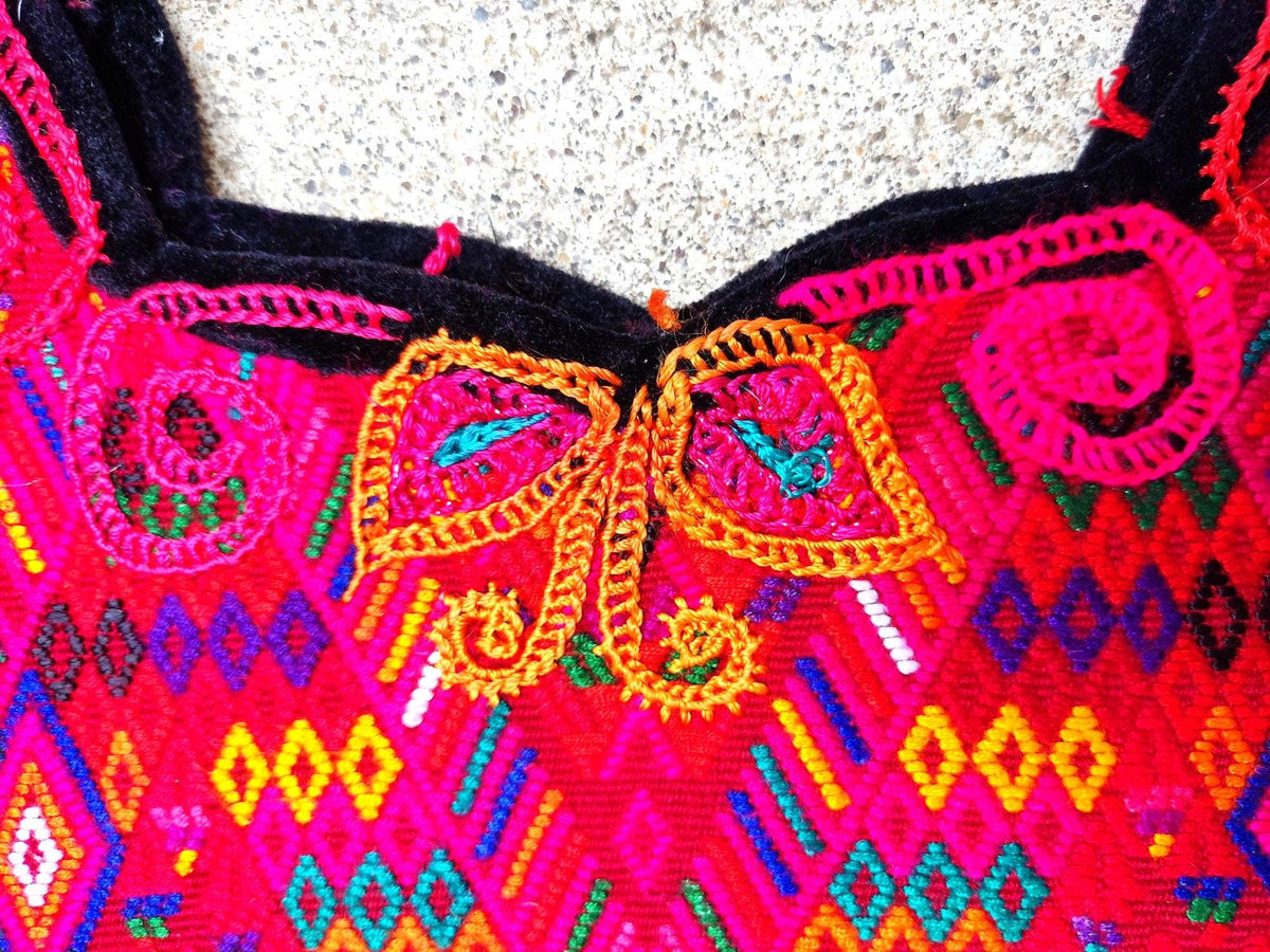 Guatemalan unique handmade Red CHICHICASTENANGO weaved cotton huipil - Mayan rombus motives-