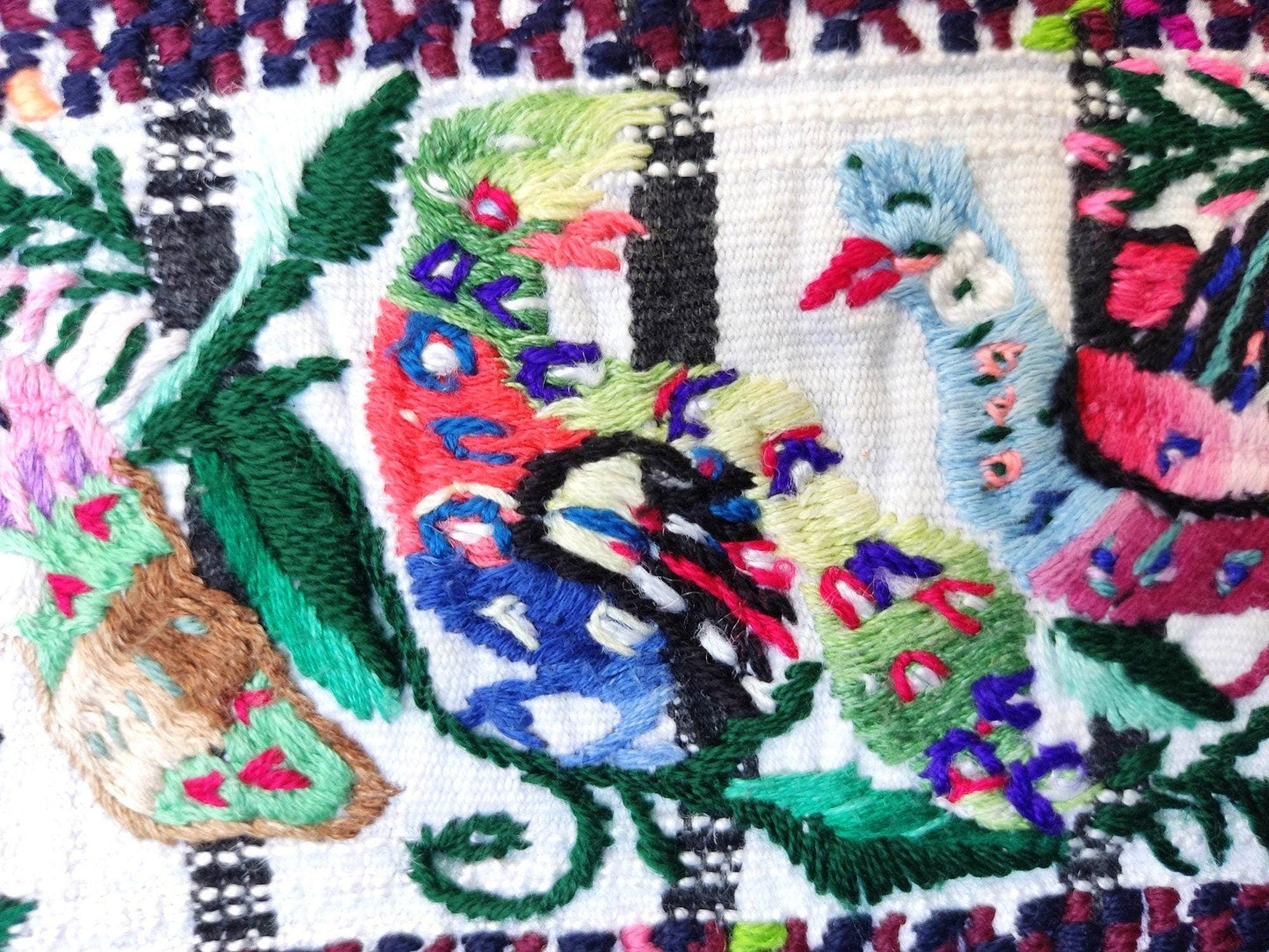 Vintage handmade embroidered Santiago Atitlan huipil cotton wall decor tapestry -Parrot family-