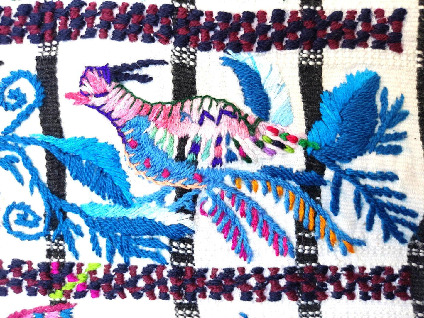Vintage handmade embroidered Santiago Atitlan huipil cotton wall decor tapestry -Parrot family-
