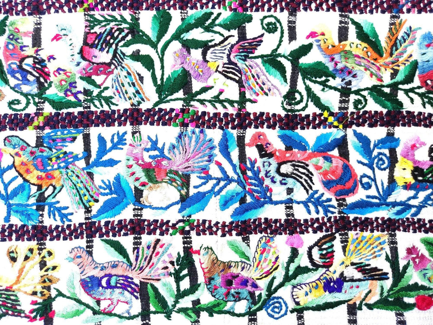 Vintage handmade embroidered Santiago Atitlan huipil cotton wall decor tapestry -Parrot family-