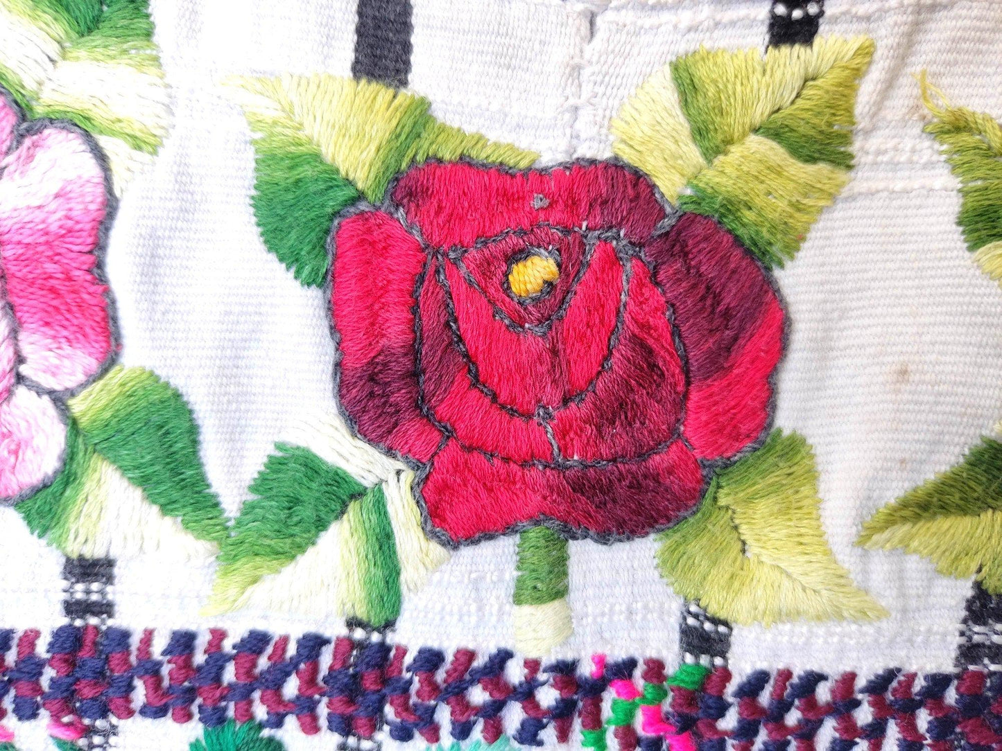 Vintage handmade embroidered Santiago Atitlan huipil cotton wall decor tapestry -Parrot family-