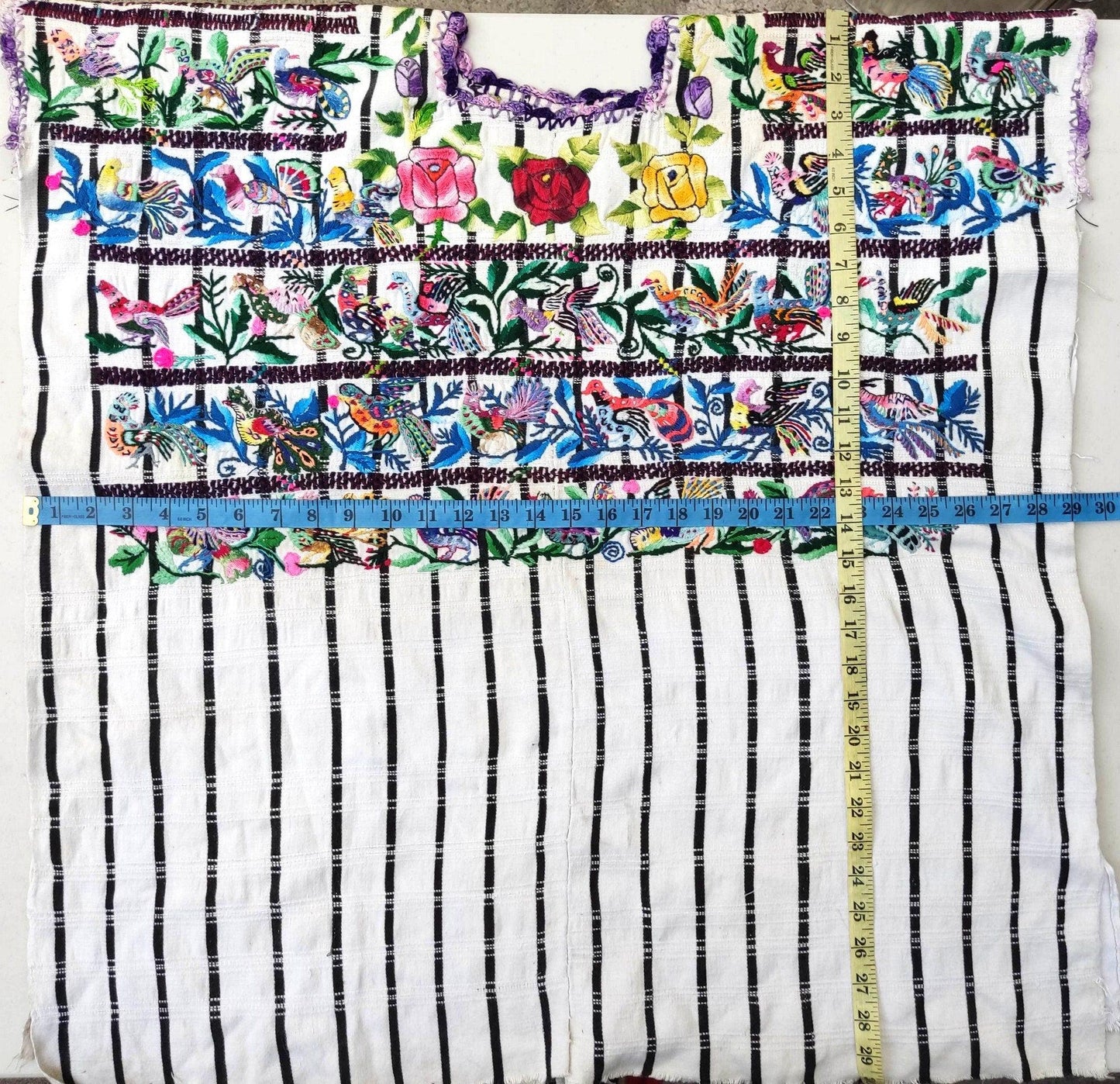 Vintage handmade embroidered Santiago Atitlan huipil cotton wall decor tapestry -Parrot family-