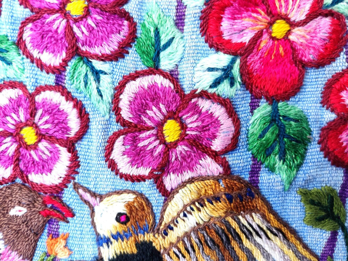 Vintage handmade embroidered Santiago Atitlan huipil cotton wall decor tapestry -Parrot family-