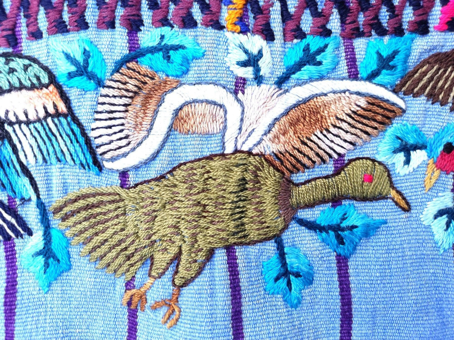 Vintage handmade embroidered Santiago Atitlan huipil cotton wall decor tapestry -Parrot family-