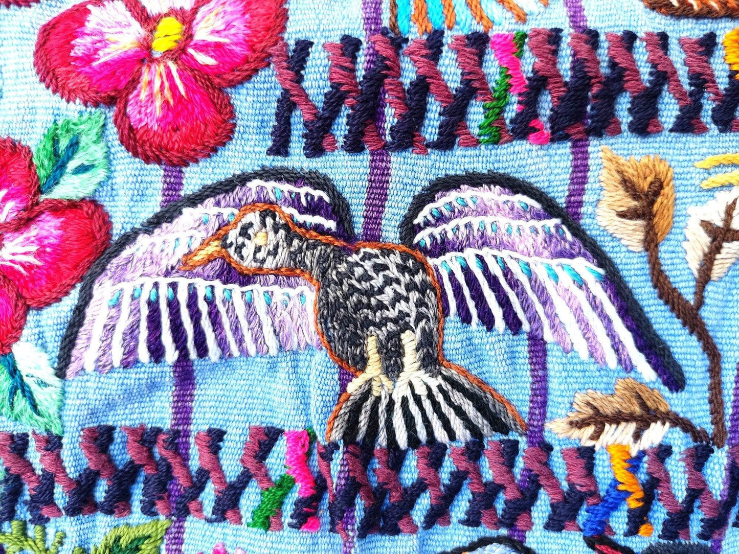 Vintage handmade embroidered Santiago Atitlan huipil cotton wall decor tapestry -Parrot family-
