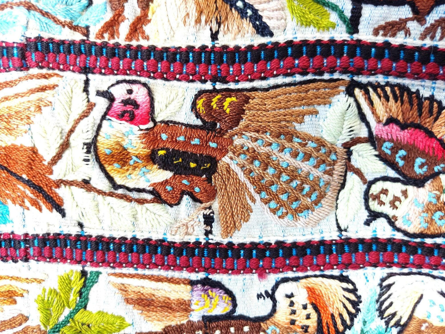 Vintage handmade embroidered Santiago Atitlan huipil cotton wall decor tapestry -Parrot family-