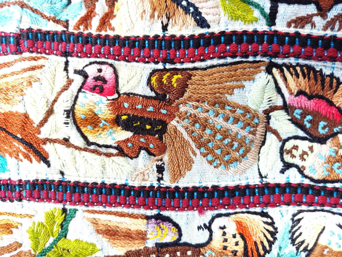 Vintage handmade embroidered Santiago Atitlan huipil cotton wall decor tapestry -Parrot family-