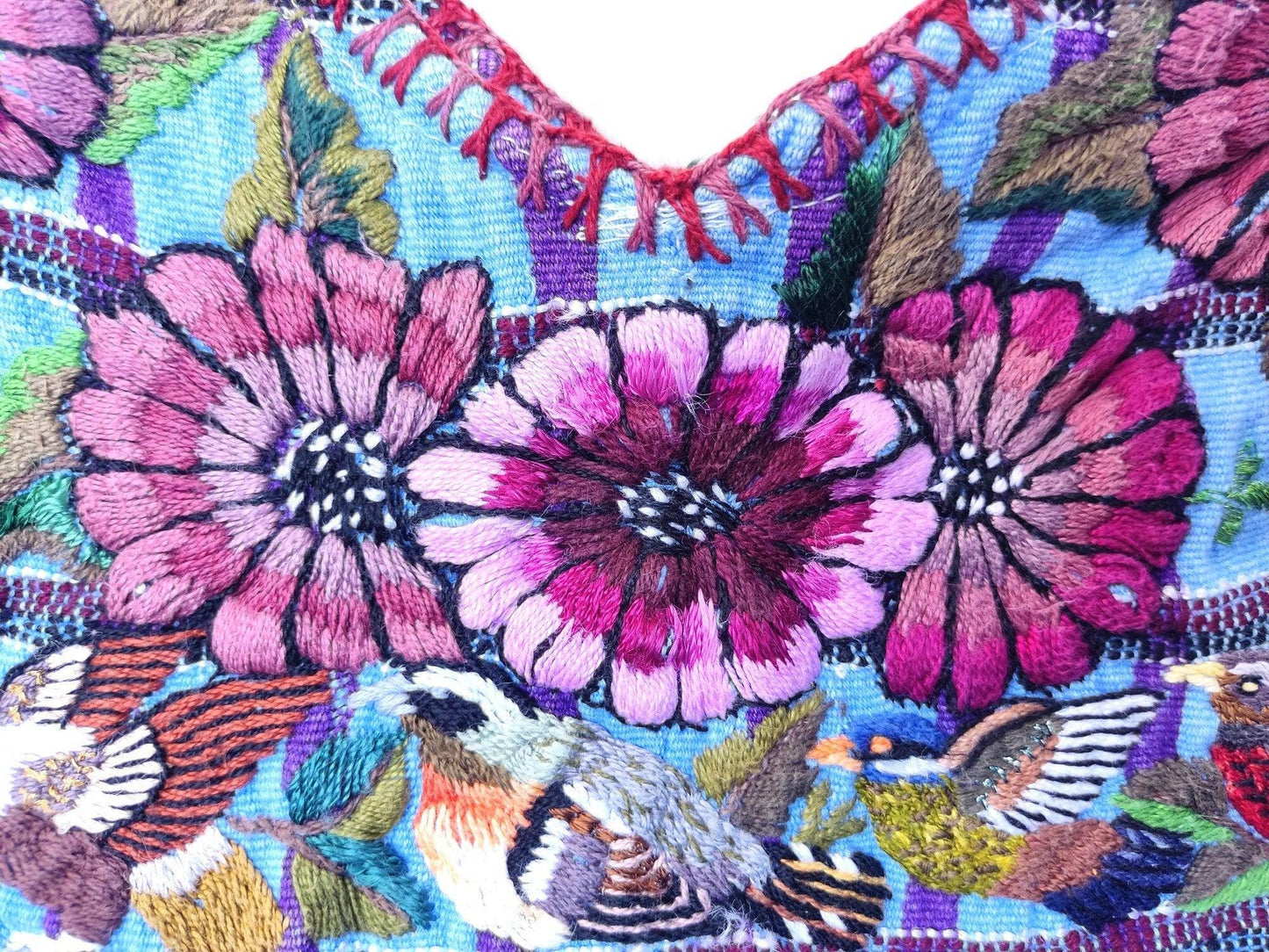 Vintage handmade embroidered Santiago Atitlan huipil cotton wall decor tapestry -Bird family-