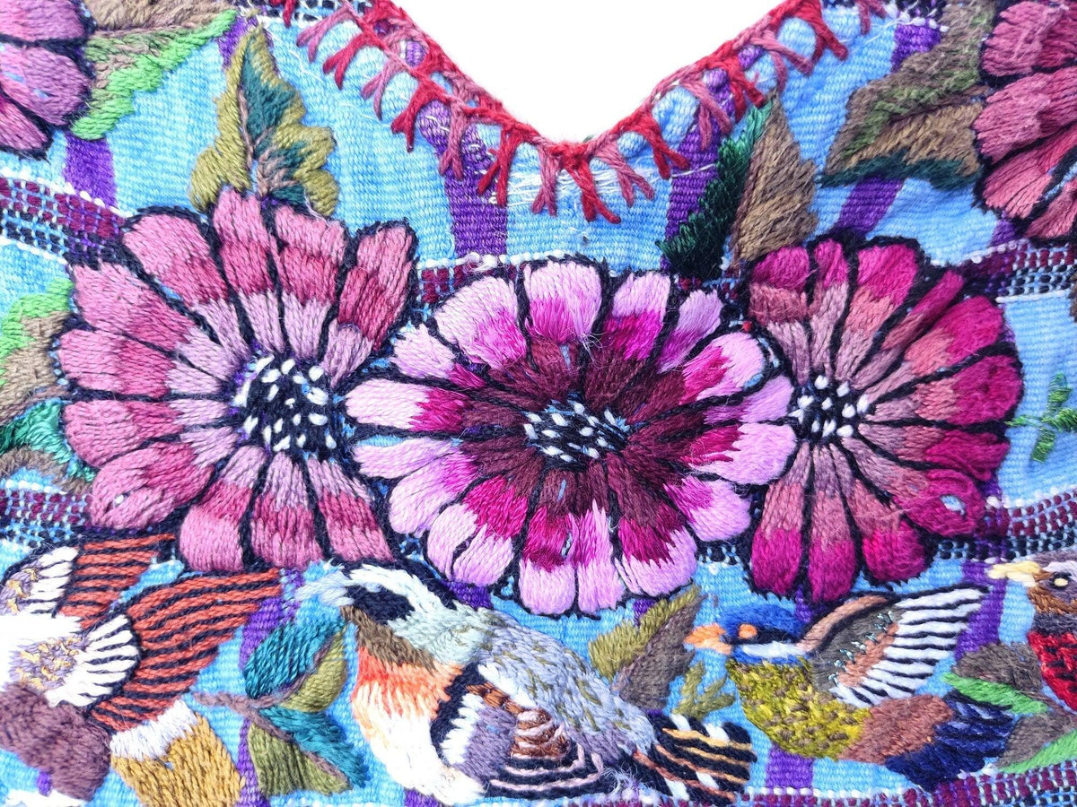 Vintage handmade embroidered Santiago Atitlan huipil cotton wall decor tapestry -Bird family-