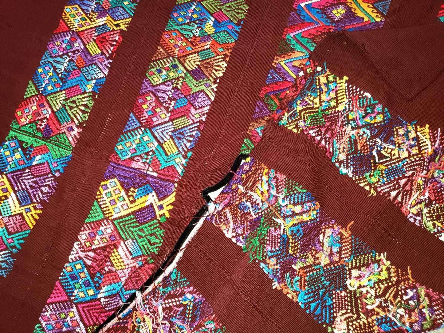 Vintage burgundy unique Guatemala handmade weaved -San Martín Chile verde- Horses motives cotton huipil