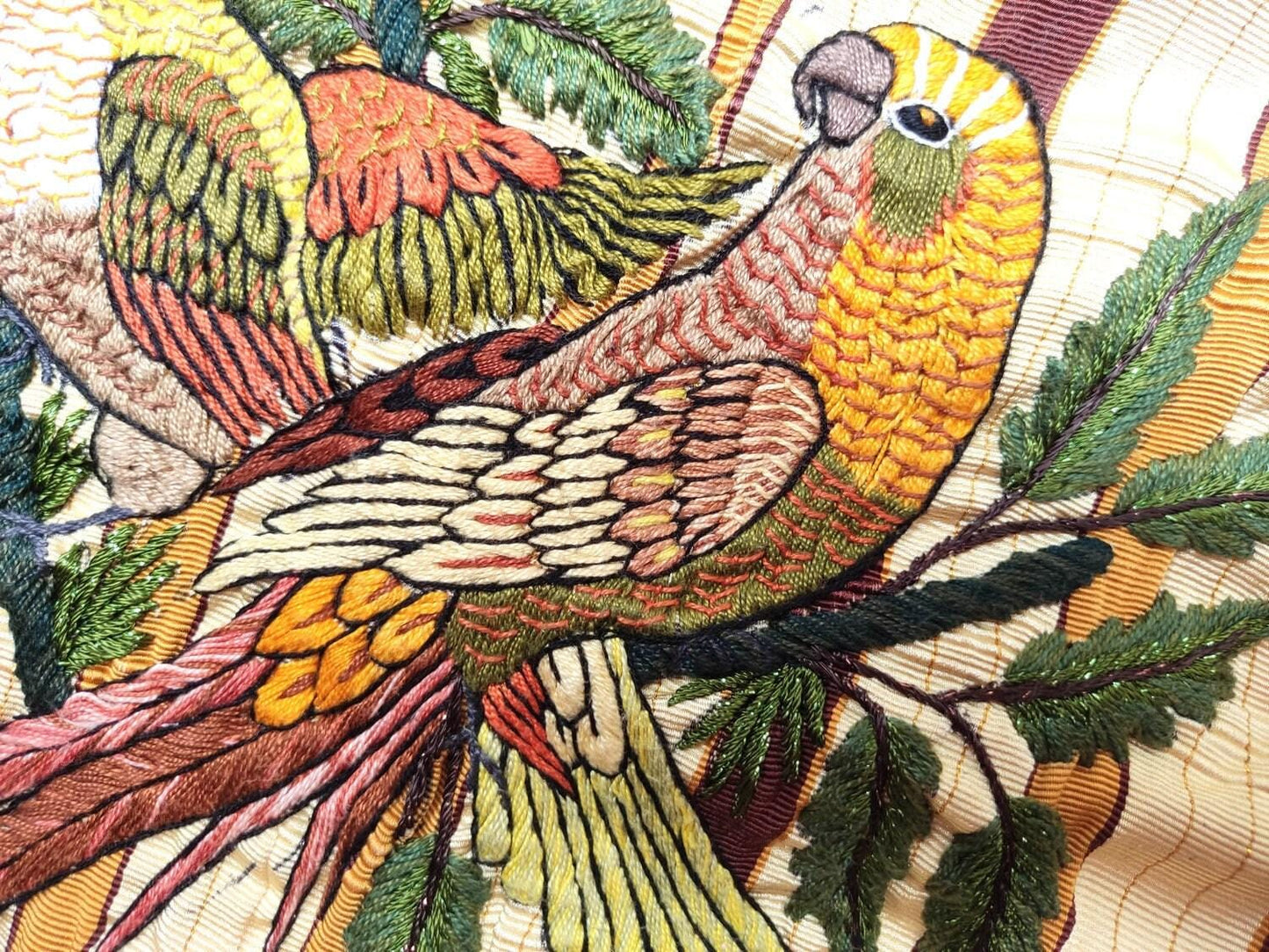 Handmade Yellow EMBROIDERED Guatemalan Santiago Atitlan COTTON WALL Decor "Couple of Parrots" Tapestry