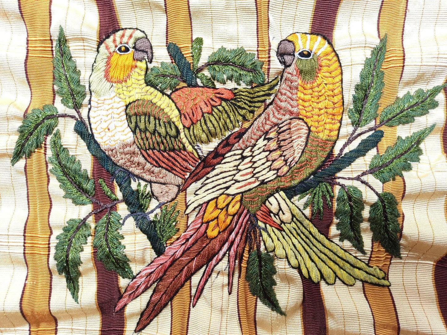 Handmade Yellow EMBROIDERED Guatemalan Santiago Atitlan COTTON WALL Decor "Couple of Parrots" Tapestry