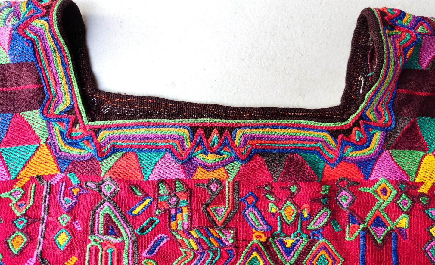 Vintage Guatemalan Unique Red Handmade Weaved Cotton -NEBAJ Huipil- Birds Horses and Geometric Patterns