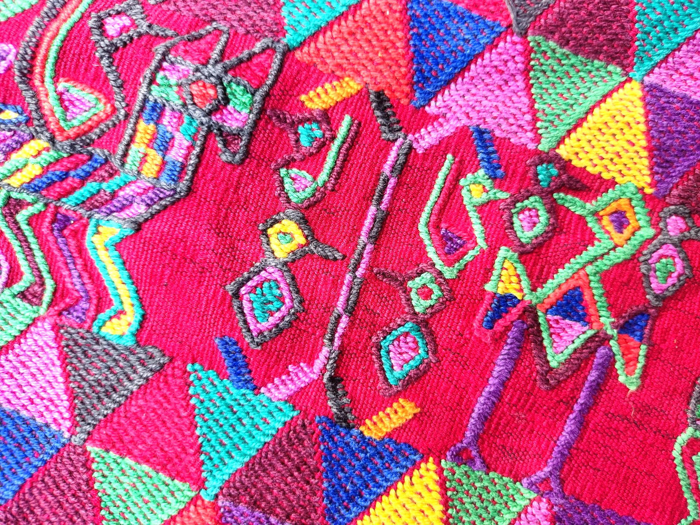 Vintage Guatemalan Unique Red Handmade Weaved Cotton -NEBAJ Huipil- Birds Horses and Geometric Patterns