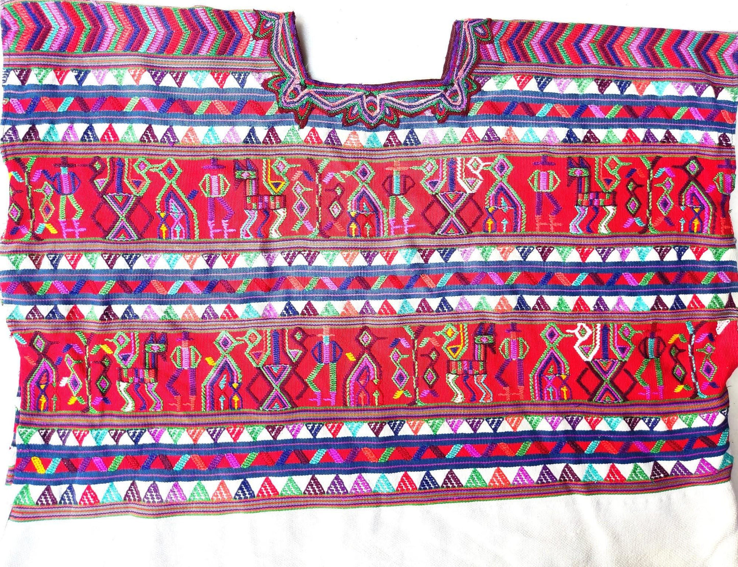 Vintage Guatemalan Unique Red Handmade Weaved Cotton -NEBAJ Huipil- Birds Horses and Geometric Patterns