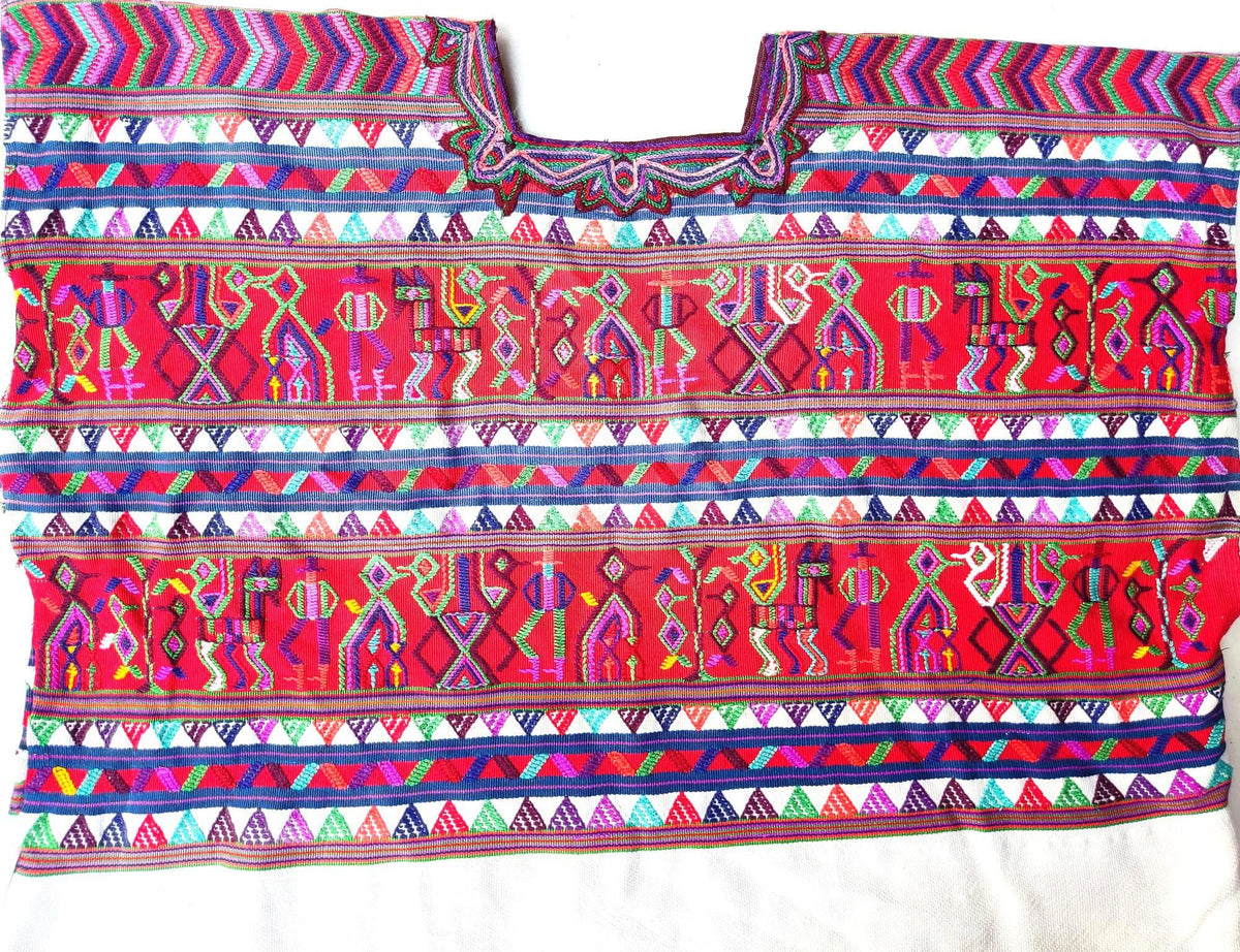 Vintage Guatemalan Unique Red Handmade Weaved Cotton -NEBAJ Huipil- Birds Horses and Geometric Patterns