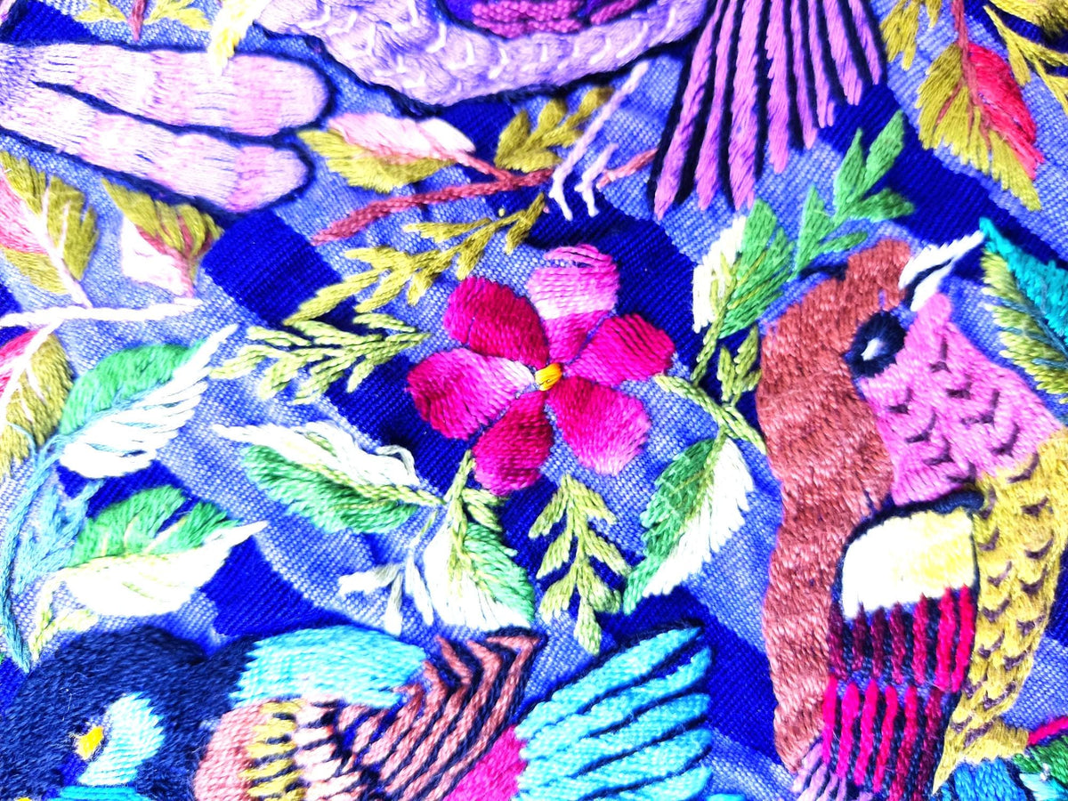 Vintage Santiago Atitlan Huipil Embroidery BIRDS FAMILY Cotton TAPESTRY And Blouse