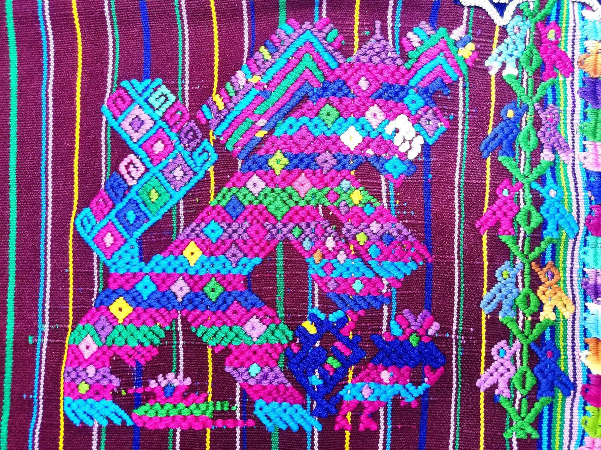 Vintage Guatemalan Unique Handmade Weaved Cotton BURGUNDY -Mayan HORSES and Ducks -Santo Domingo XENACOJ huipil-